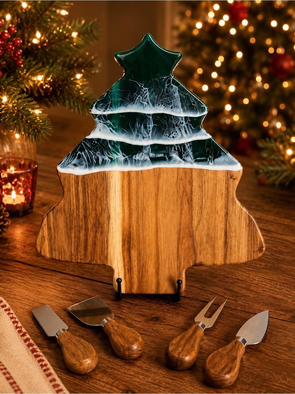 Handmade Holiday Tree Cheese Board Set - Green and Brown